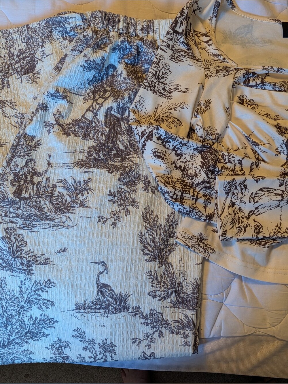 White and Brown Toile Print Women's Wide Leg Pants And Matching Top